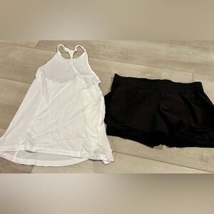 Lululemon black shorts (run like a 10) and white tank (run like 8), no size tags